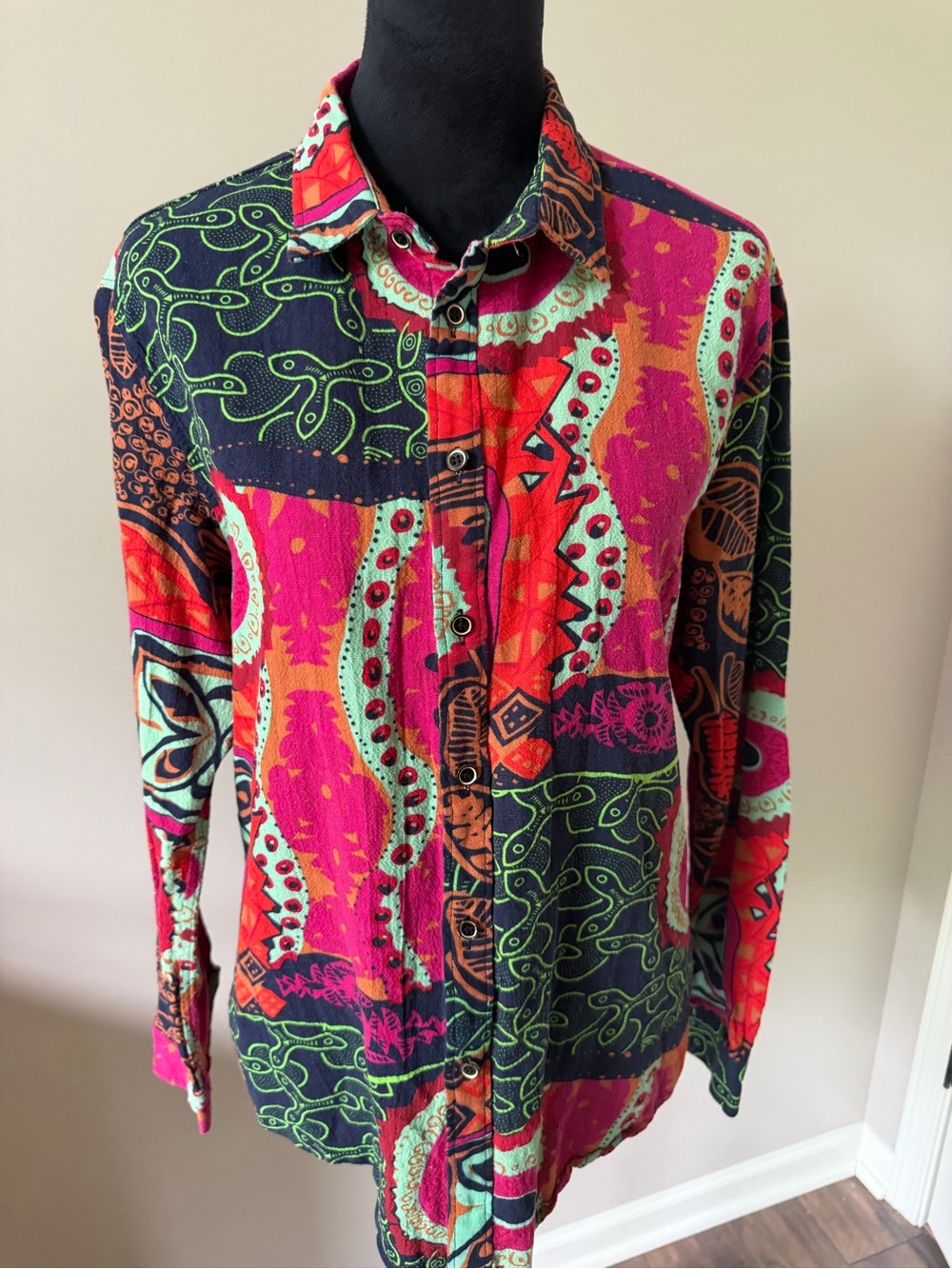 Luc Matton Vibrant Paisley Patchwork Button-Up Shirt - Pink, Red, Green, Navy LG